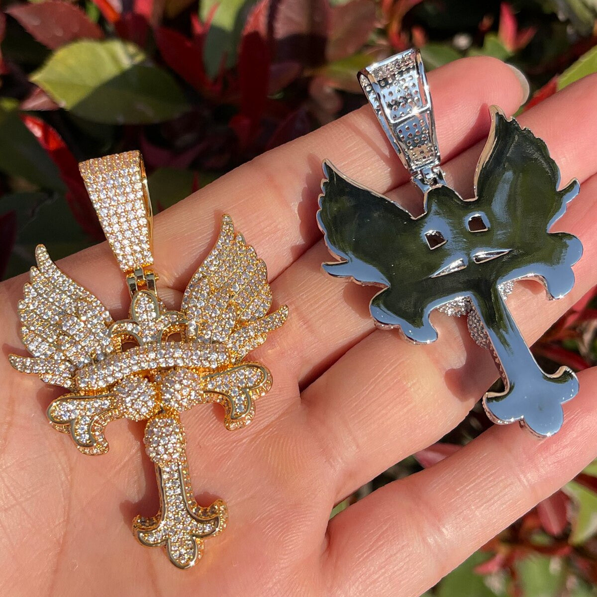 Fleur De Lis Flooded Ice Prong Set Winged Cross Hip Hop Chain Pendants