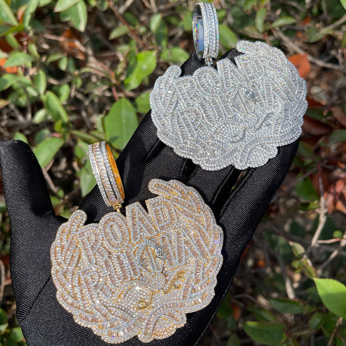 24k Gold 925 Silver Iced Baguette Road Runna Blinged Out Name Plate Pendant