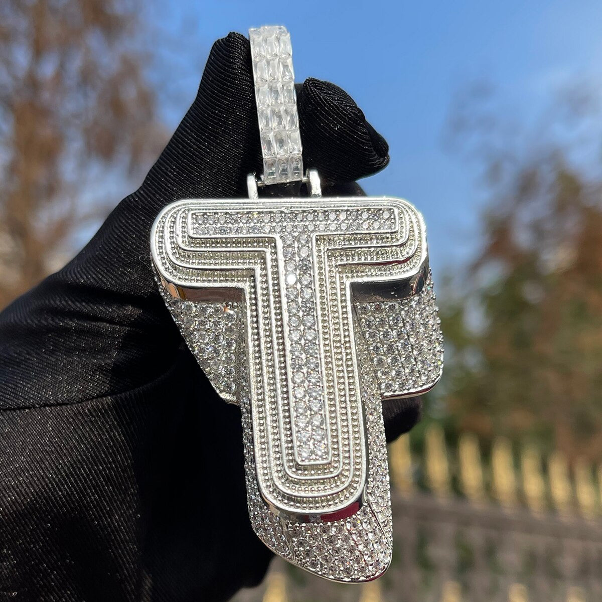 24k Gold .925 Silver 3D Customized Flooded Ice Initial Hip Hop Pendant Chain Necklace