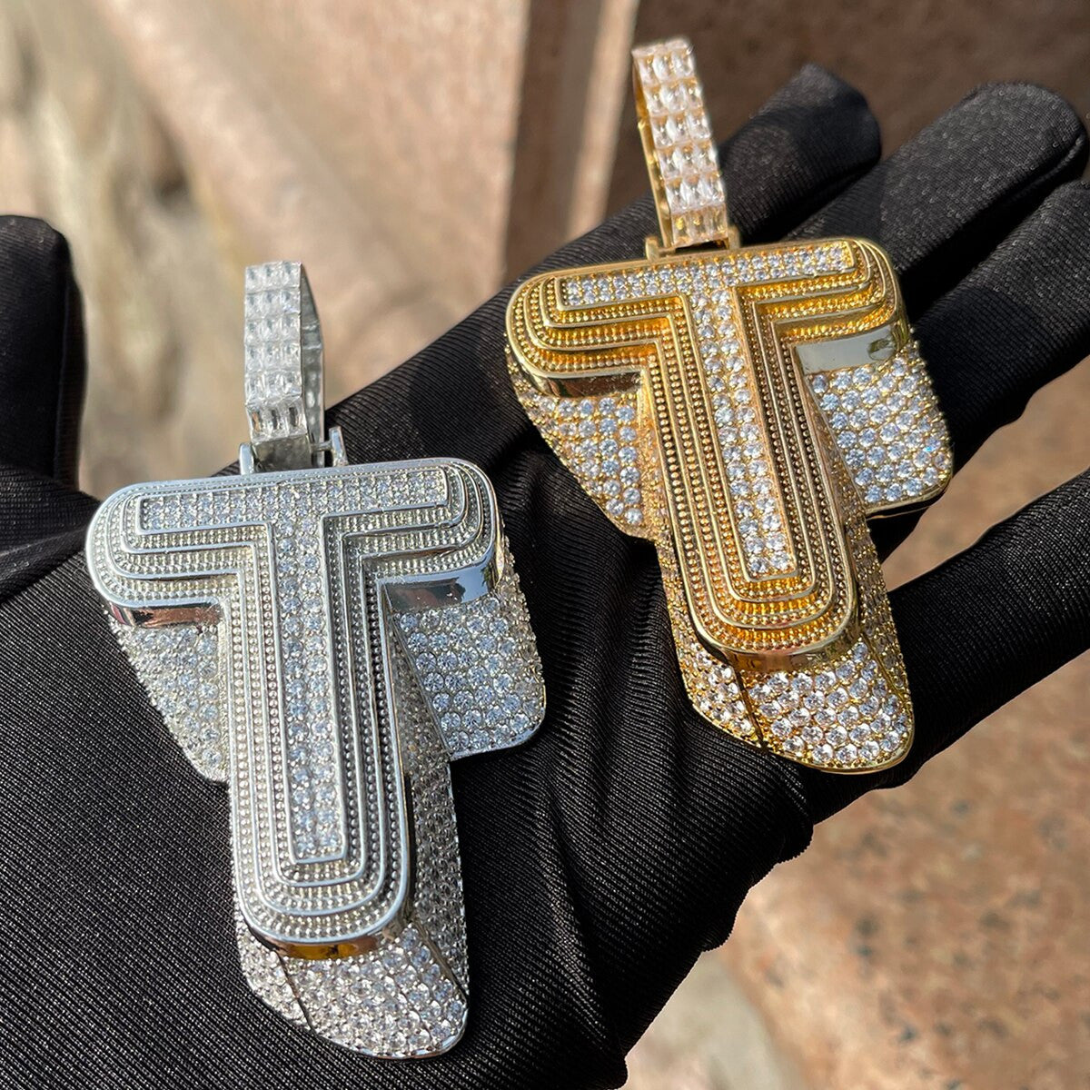 24k Gold .925 Silver 3D Customized Flooded Ice Initial Hip Hop Pendant Chain Necklace