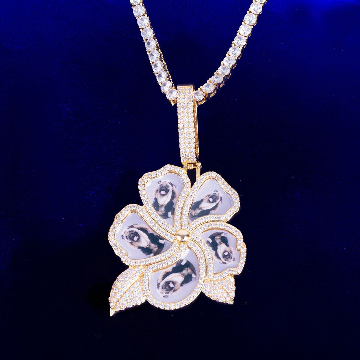 24k 925 Silver Flooded Ice Custom Made Photo Collage Flower Bling Pendant Necklace