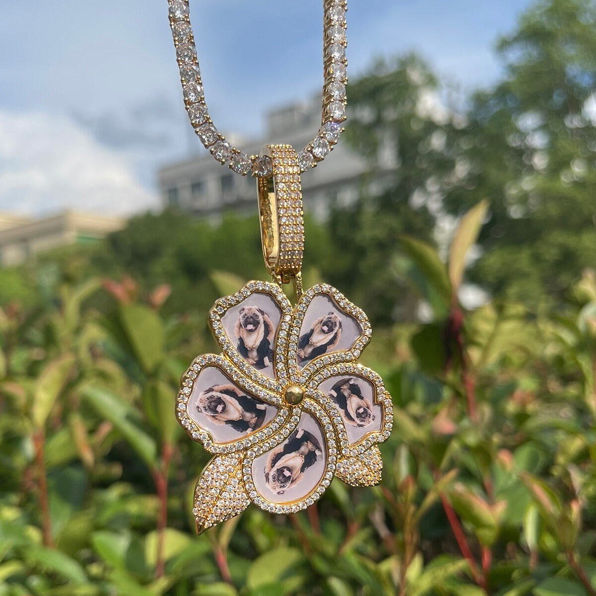 24k 925 Silver Flooded Ice Custom Made Photo Collage Flower Bling Pendant Necklace