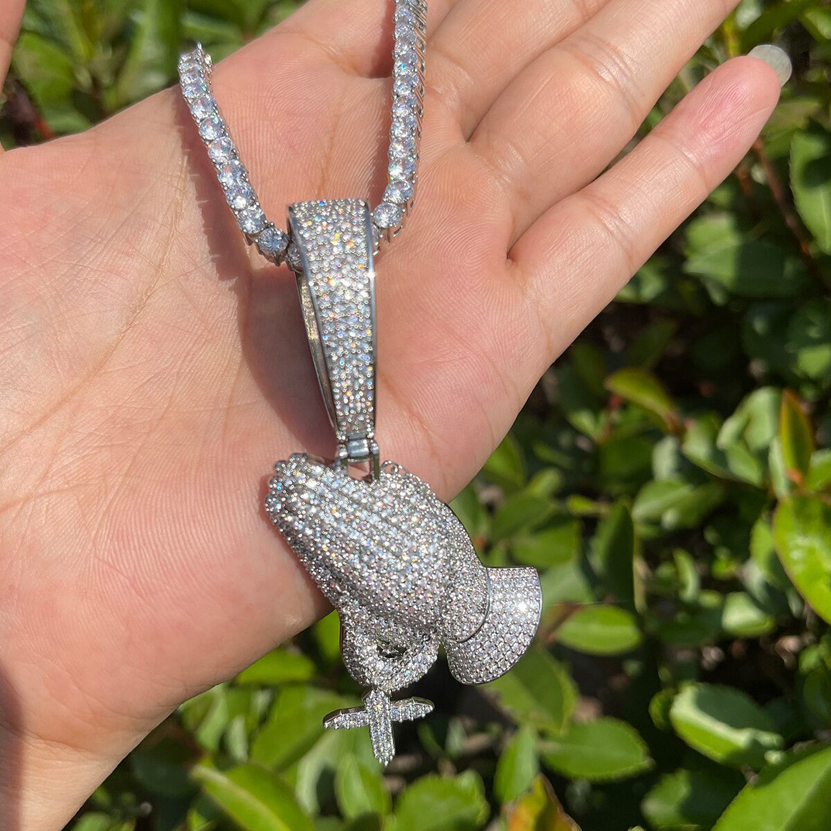 24k Gold 925 Silver Rose Deep Prong Set Prayer Hands Cross Hip Hop Pendants