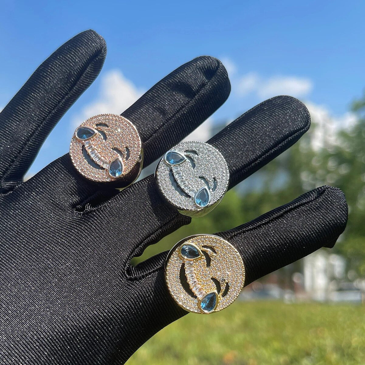 Hip Hop Emoji Laughing To Tears Stone Iced Blinged Out 14k 925 Silver Rose Gold Rings