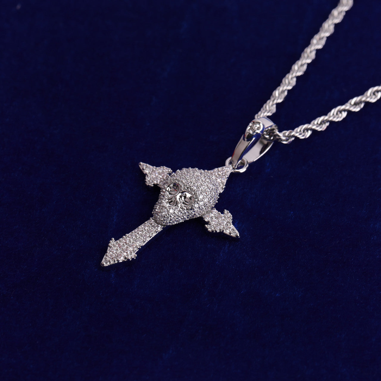 24k Gold 5A Flooded Ice Stone Skull Cross Blinged Out Pendant Chain Necklace