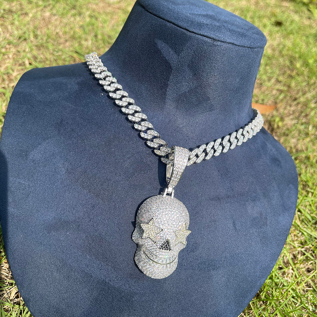 Mens Hip Hop Skull Superstar Eyes Prong Set Stone Hip Hop Pendant