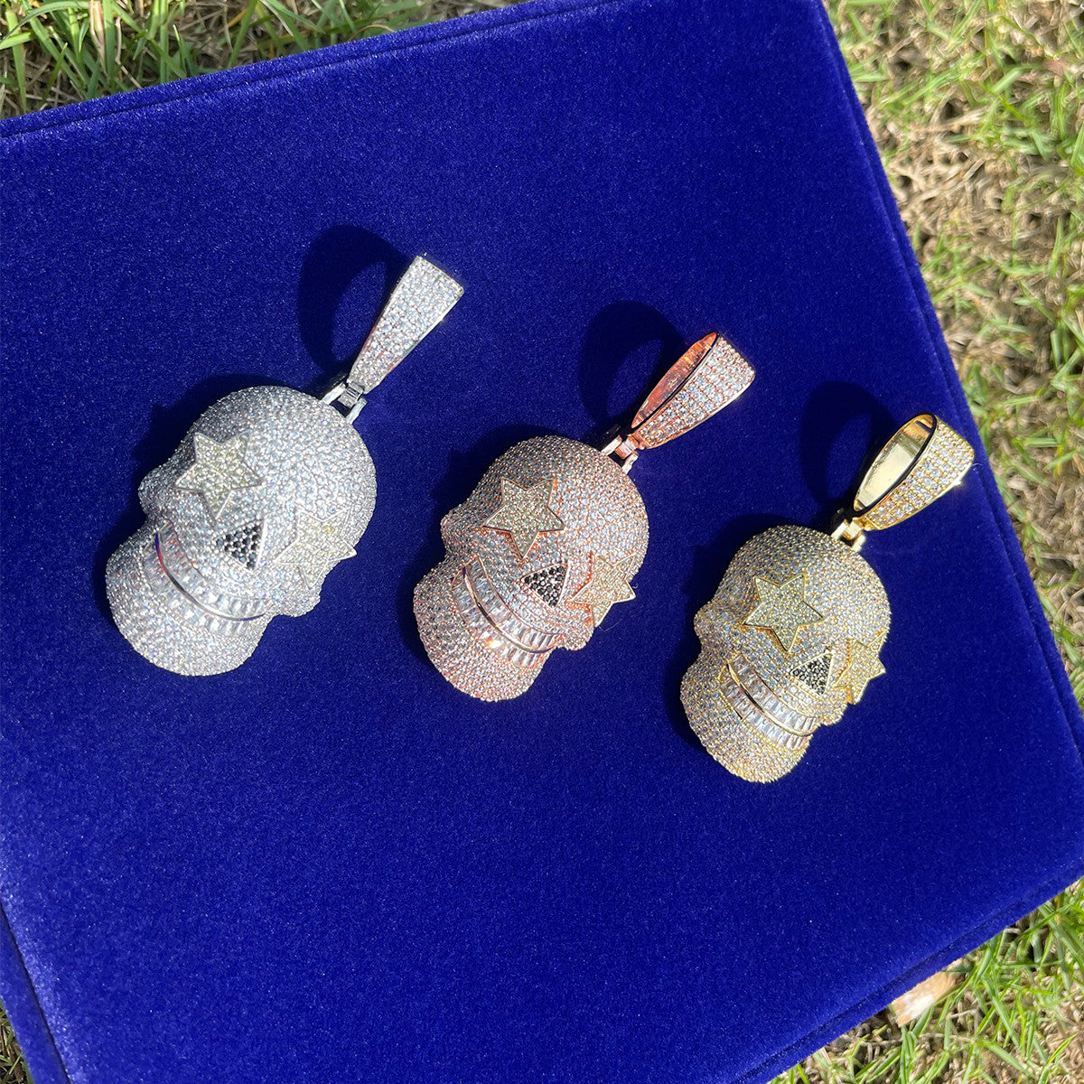 Mens Hip Hop Skull Superstar Eyes Prong Set Stone Hip Hop Pendant