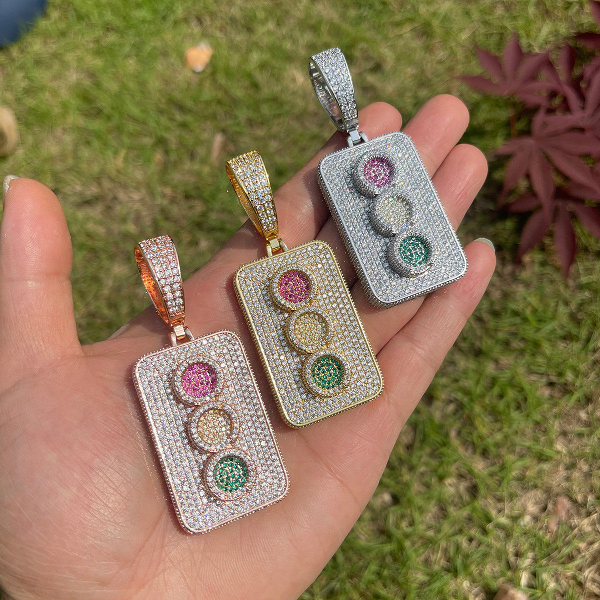 Iced Blinged Out Traffic Link Gold Silver Rose Hip Hop Pendant Chain