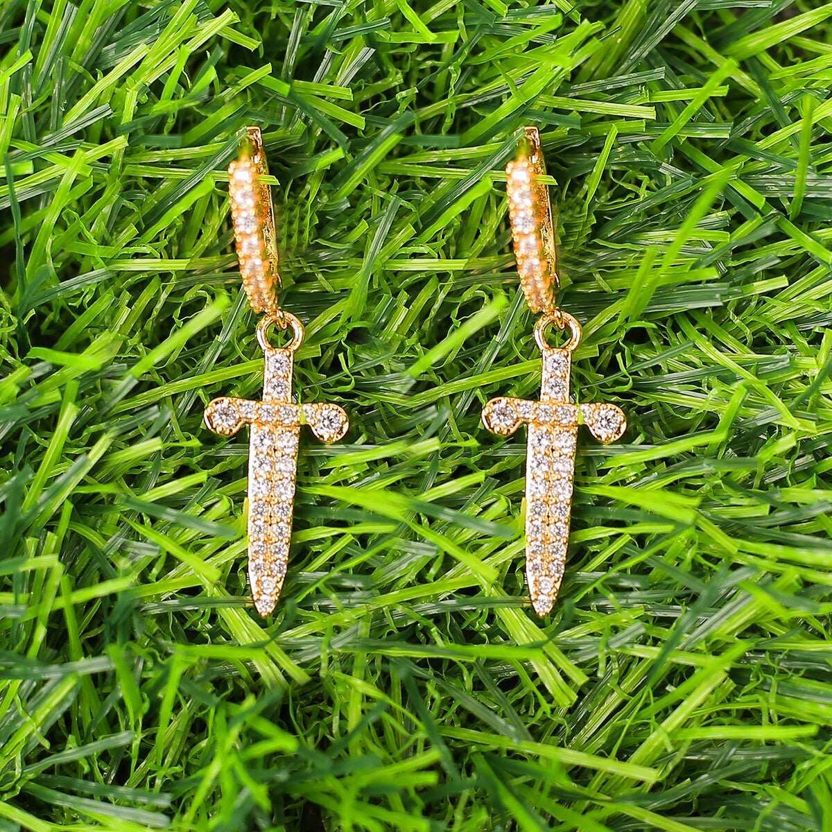 Retro Huggie Dagger | VVS Diamond CZ Hoop Bling 4 Prong Set Stone Dangle Earrings