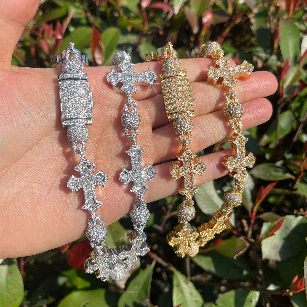 Iced Blinged Out Ancient Cross Ball Bead Link Hip Hop Chain Necklace