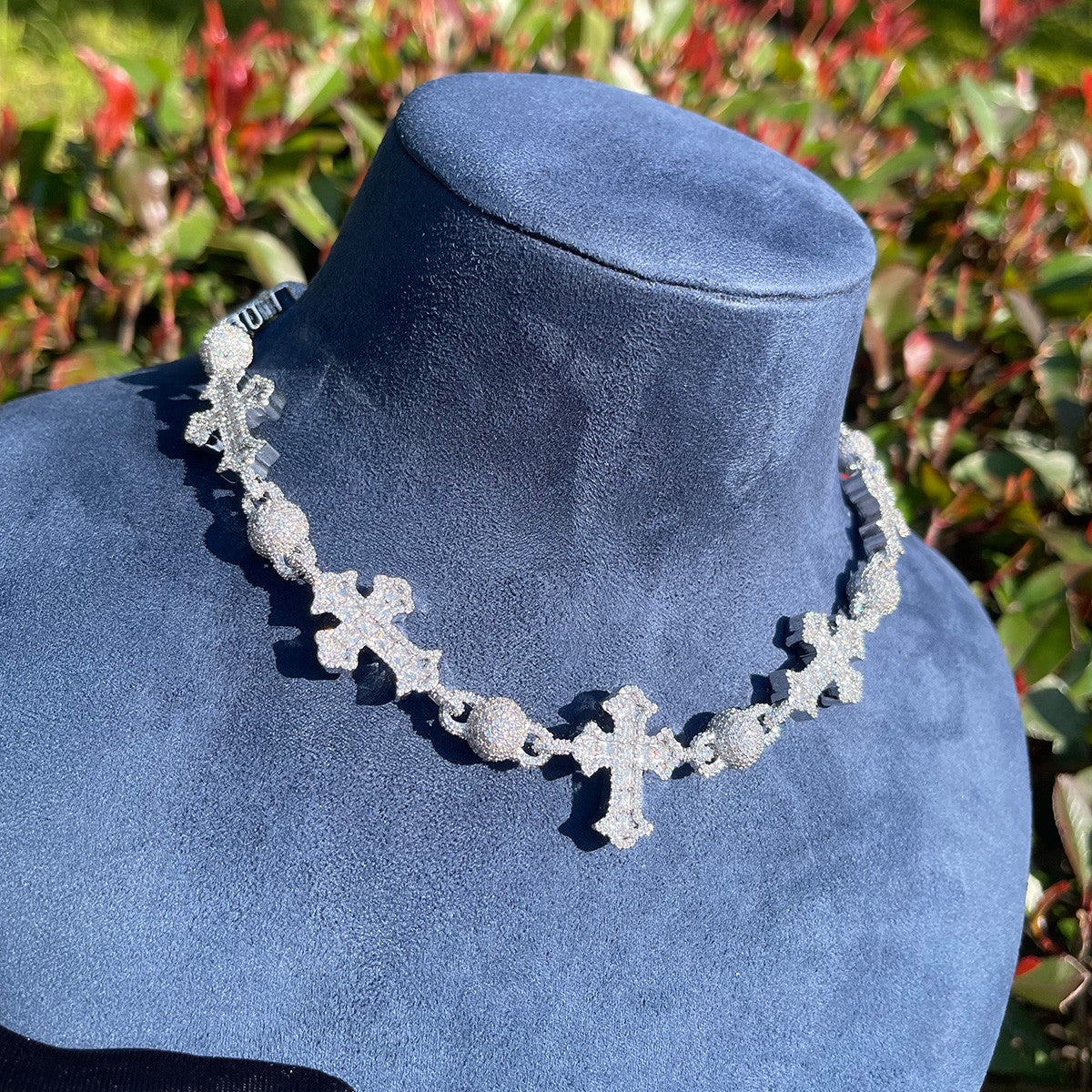 Iced Blinged Out Ancient Cross Ball Bead Link Hip Hop Chain Necklace