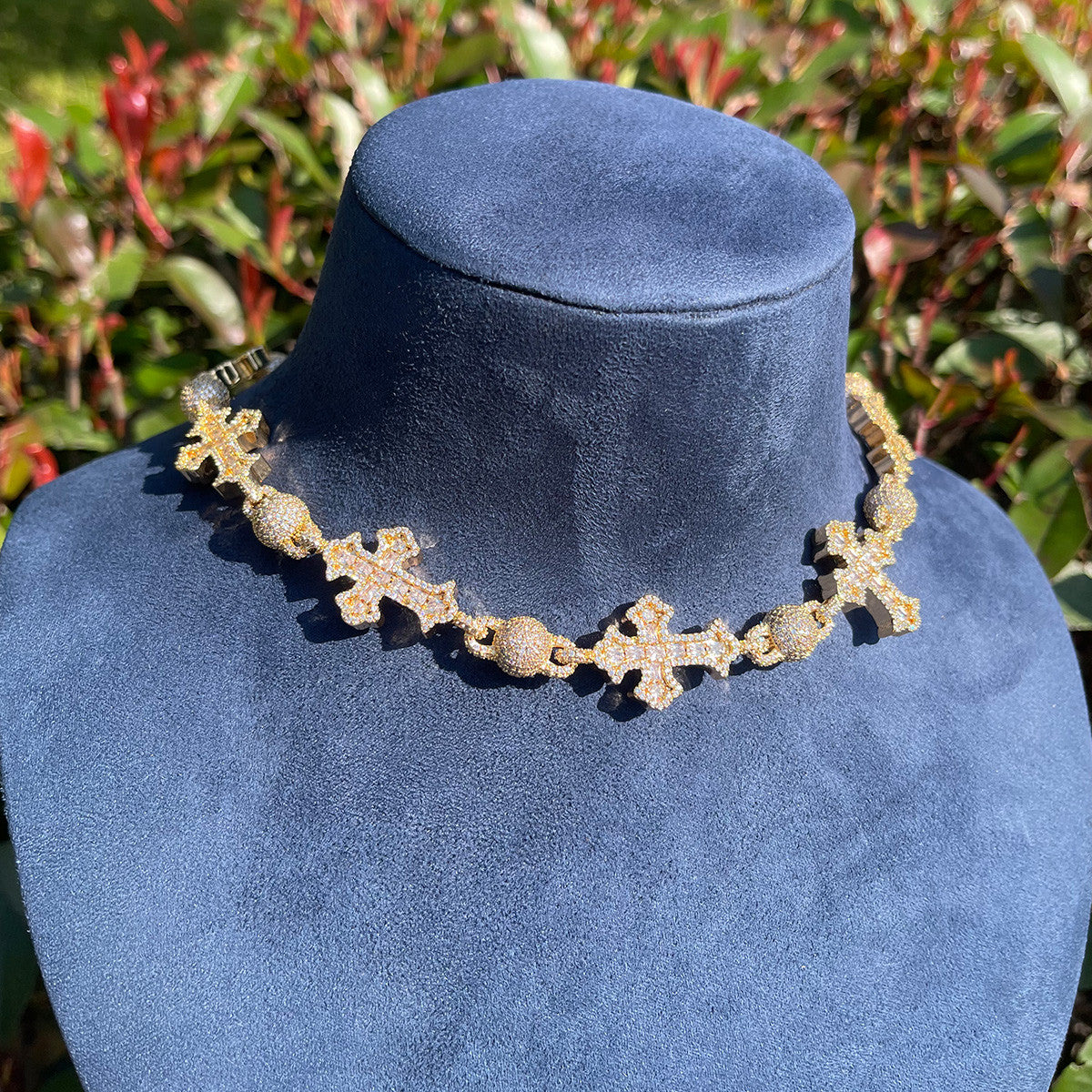 Iced Blinged Out Ancient Cross Ball Bead Link Hip Hop Chain Necklace