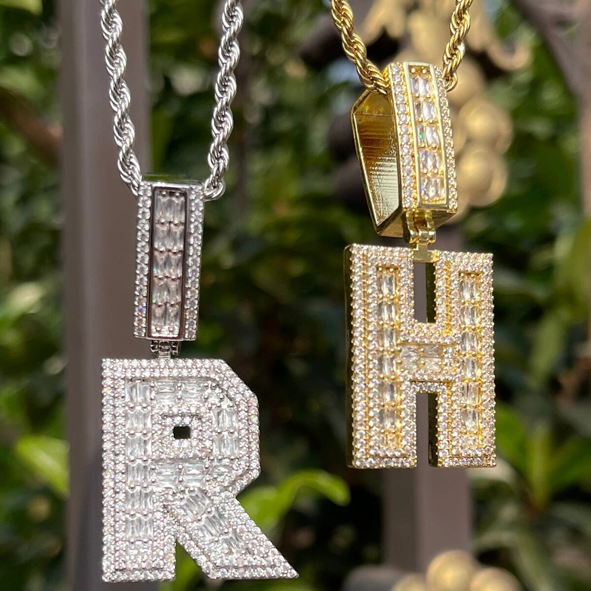 Iced King Initials | 24k 925 Silver Rose Gold Baguette Blinged Out Letter Pendants