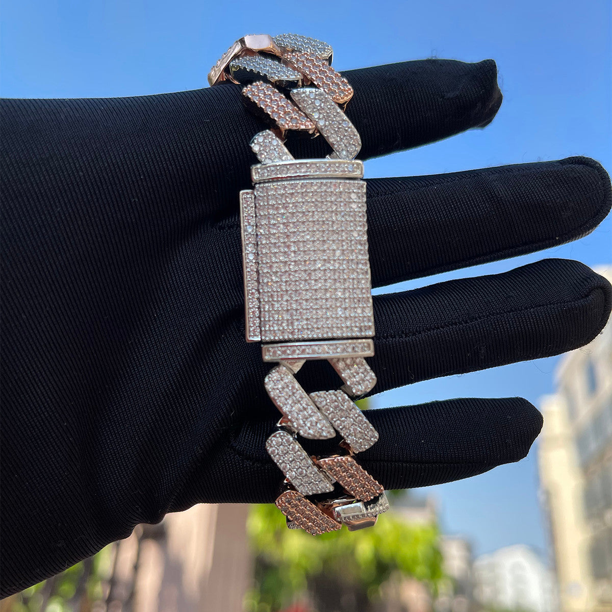 Contrast Cuban | Mens Hip Hop Wide Cut Two Tone Rose Gold Designer Link Bracelet