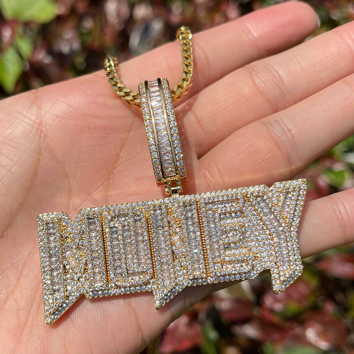 Money | VVS Diamond CZ Iced Blinged Out Baguette Hip Hop Name Plate Pendant