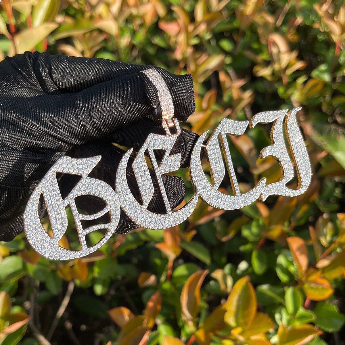 Iced Old English Vintage Calligraphy Letter Bold Style Name Plate Hip Hop Pendant