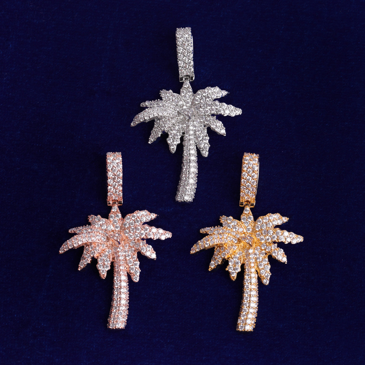 24k 925 Silver Rose Gold Blinged Out Palm Tree Hip Hop Pendant Chain Necklace