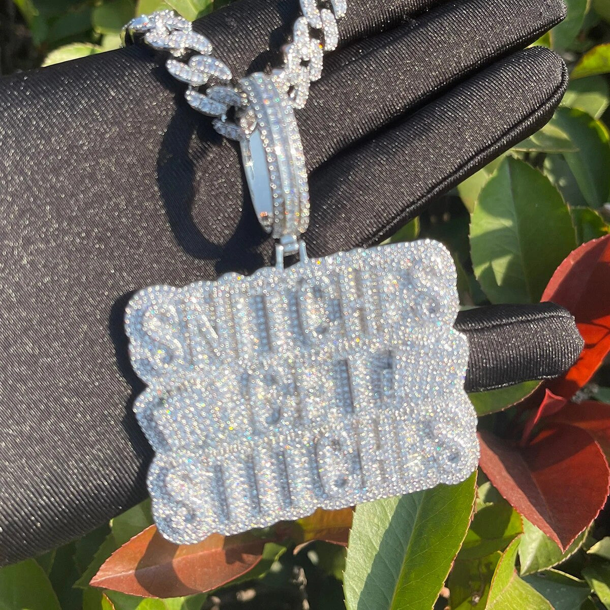 Snitches Get Stitches | Hip Hop Name Plate Flooded Iced Blinged Out Pendant