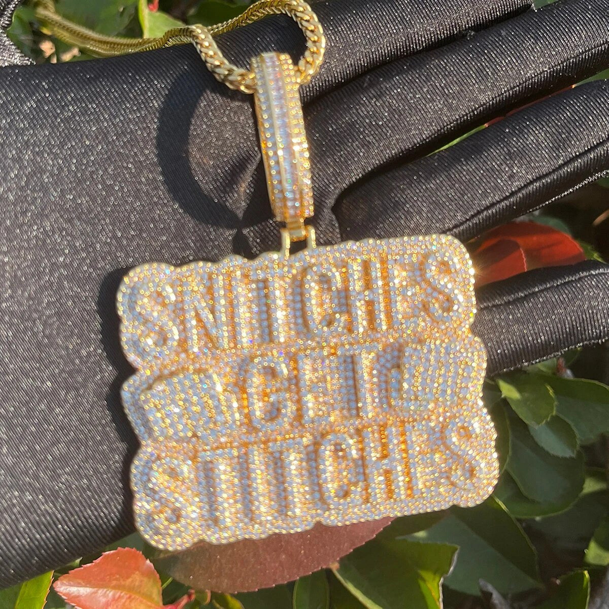 Snitches Get Stitches | Hip Hop Name Plate Flooded Iced Blinged Out Pendant