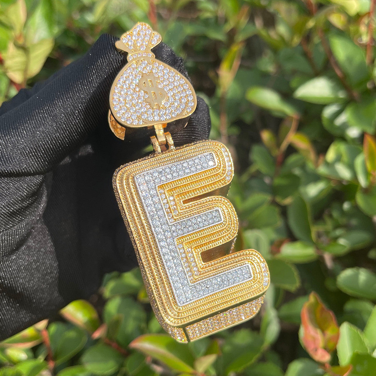 Prong Setting 24k Gold 925 Silver Retro 80's Initial Money Bag Hip Hop Pendant