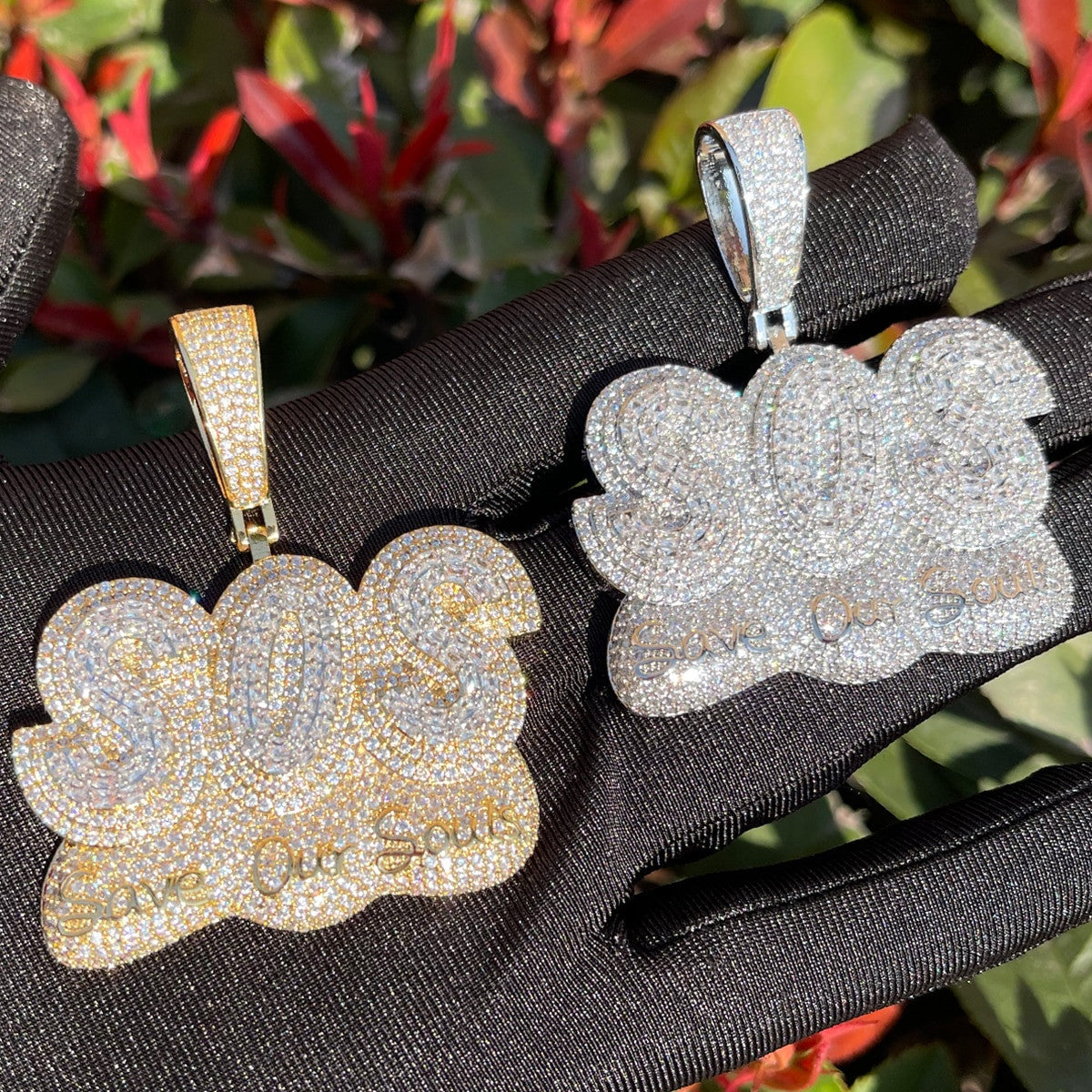 SOS Save Our Souls Flooded Ice Hip Hop Spiritual Pendant Chain Necklace