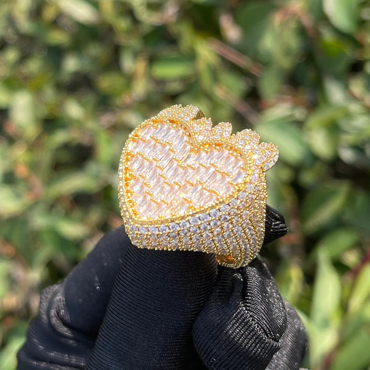 24k Rose Gold 925 Silver Waves Of Love Crashing Heart Baguette Iced Rings