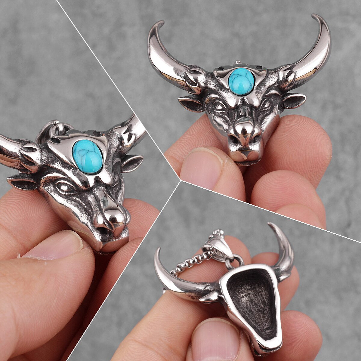 Bull | 316L Solid Stainless Steel Turquoise No Fade Steer Head Pendant