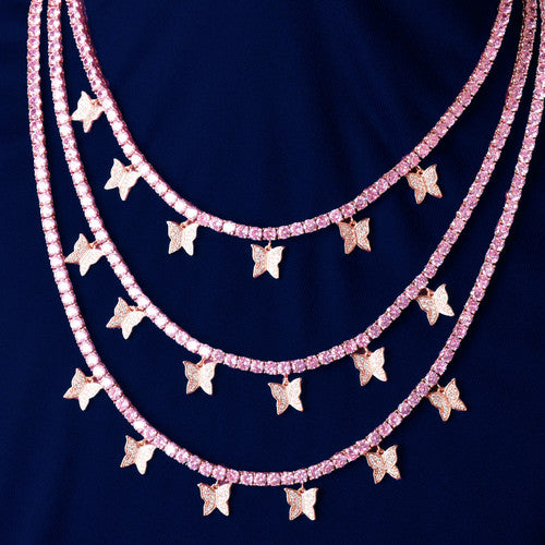 1 Row Flooded Ice Pink Handset Stone 4mm Butterfly Tennis Chain Necklace
