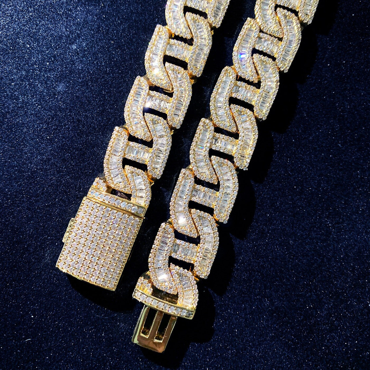 Mens Flooded Ice Designer Cut Baguette Stone 24k Gold 925 Silver Street Wear Cuban Link Chain