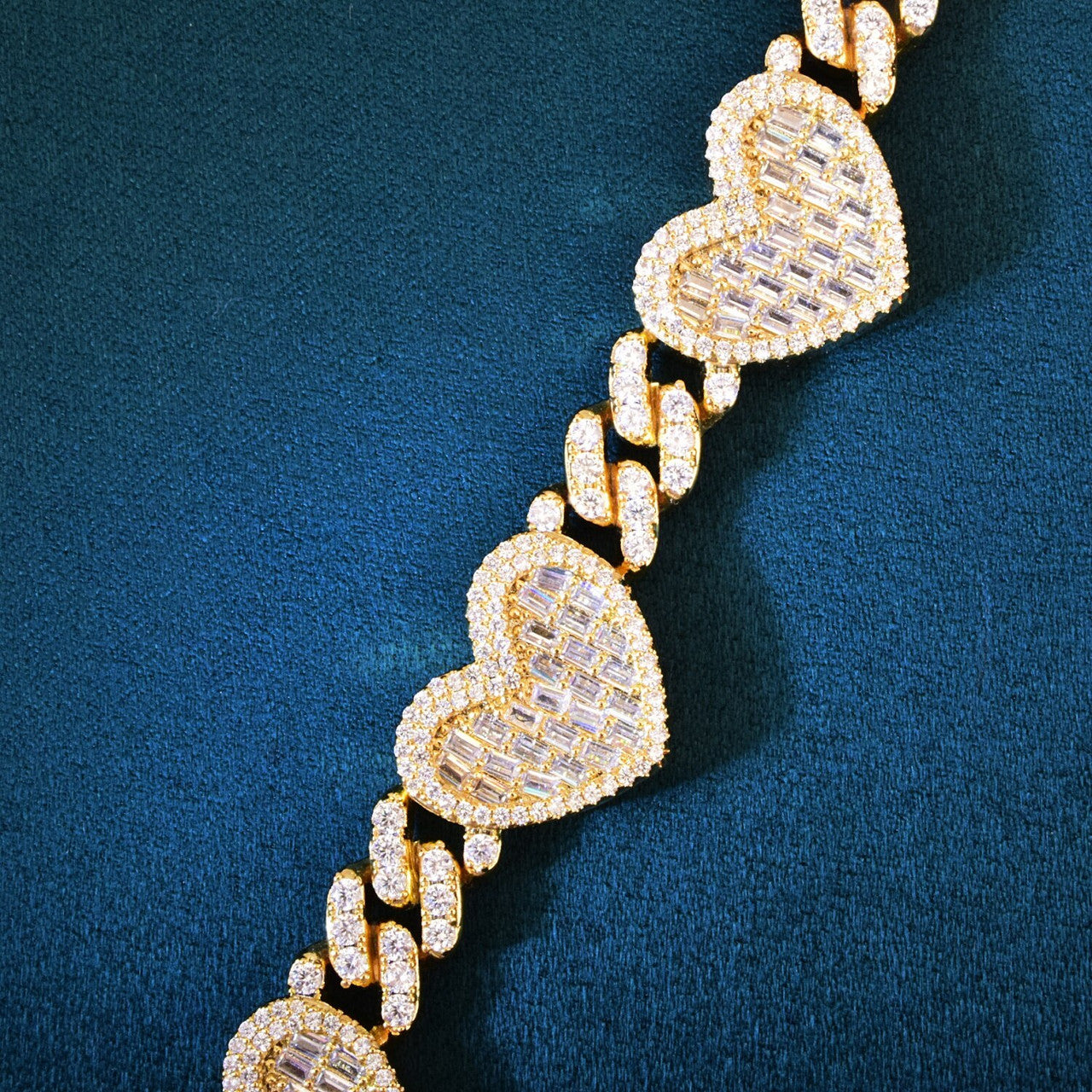 18k 925 Silver rose Gold Show Stopper Baguette Heart Street Wear Casual Cuban Link Necklace