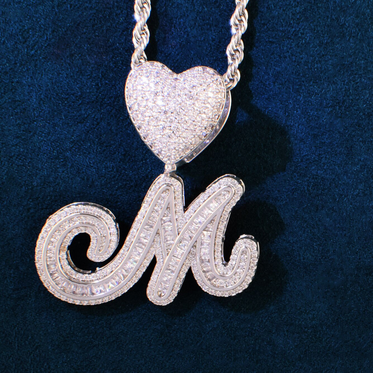 Heart Bail Baguette Stone 18k Gold 925 Initial Letter Bling Pendant Necklaces