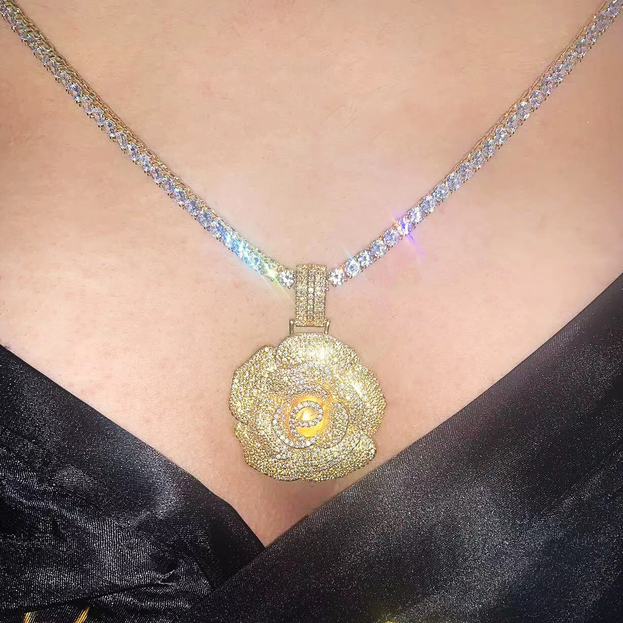 Sweet Diamond Rose | Ladies Iced Rose Flower Bling Superstar Chain Necklace