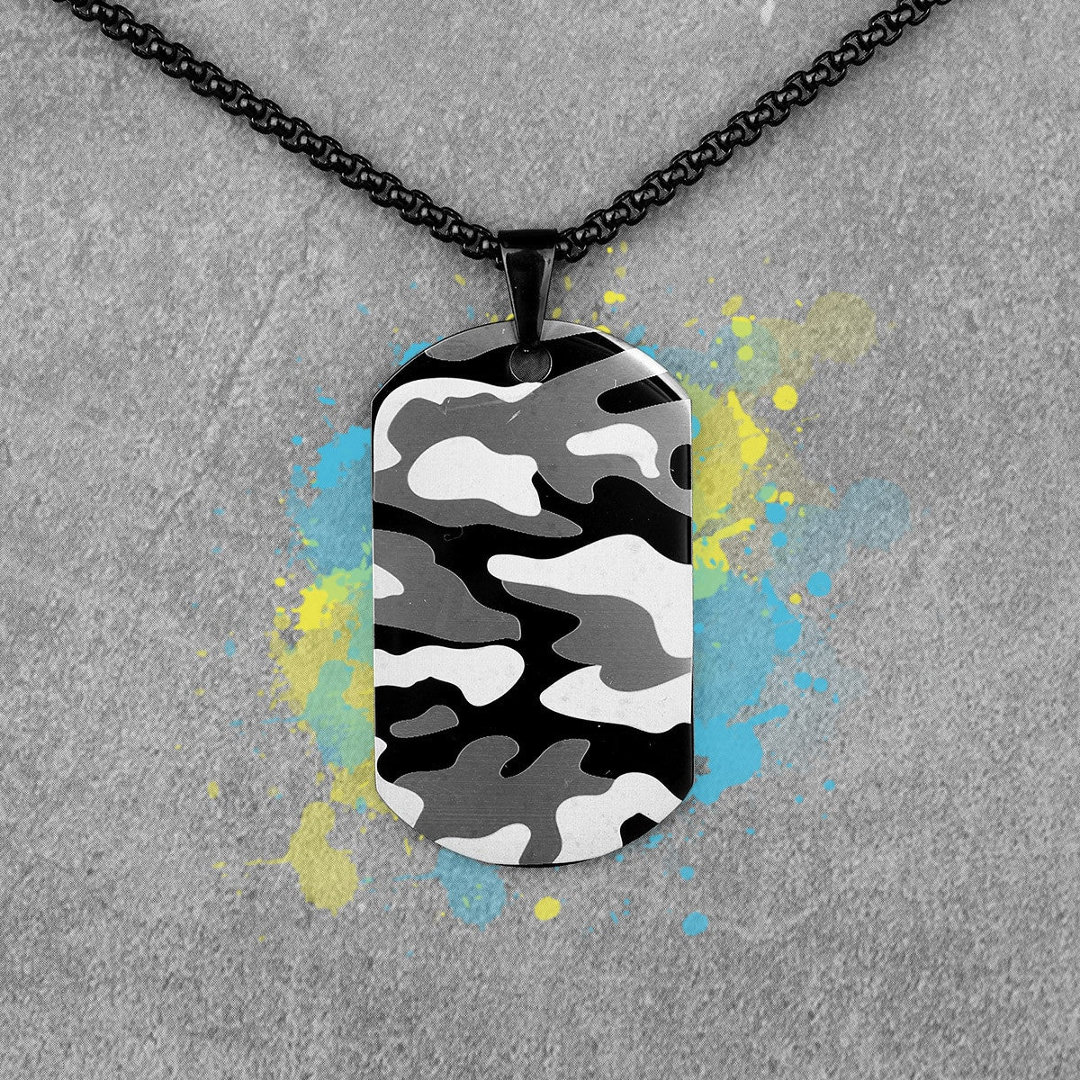 Stainless Steel No Fade Camouflage Camo Color Dog Tag Street Wear Chain Necklace