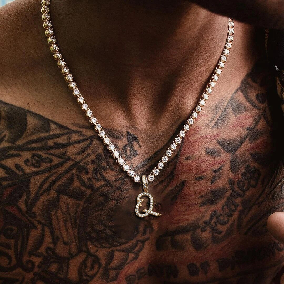 18k Gold 925 Silver Capital Letter Initial Iced Blinged Out Alphabet Pendant Chain Necklaces