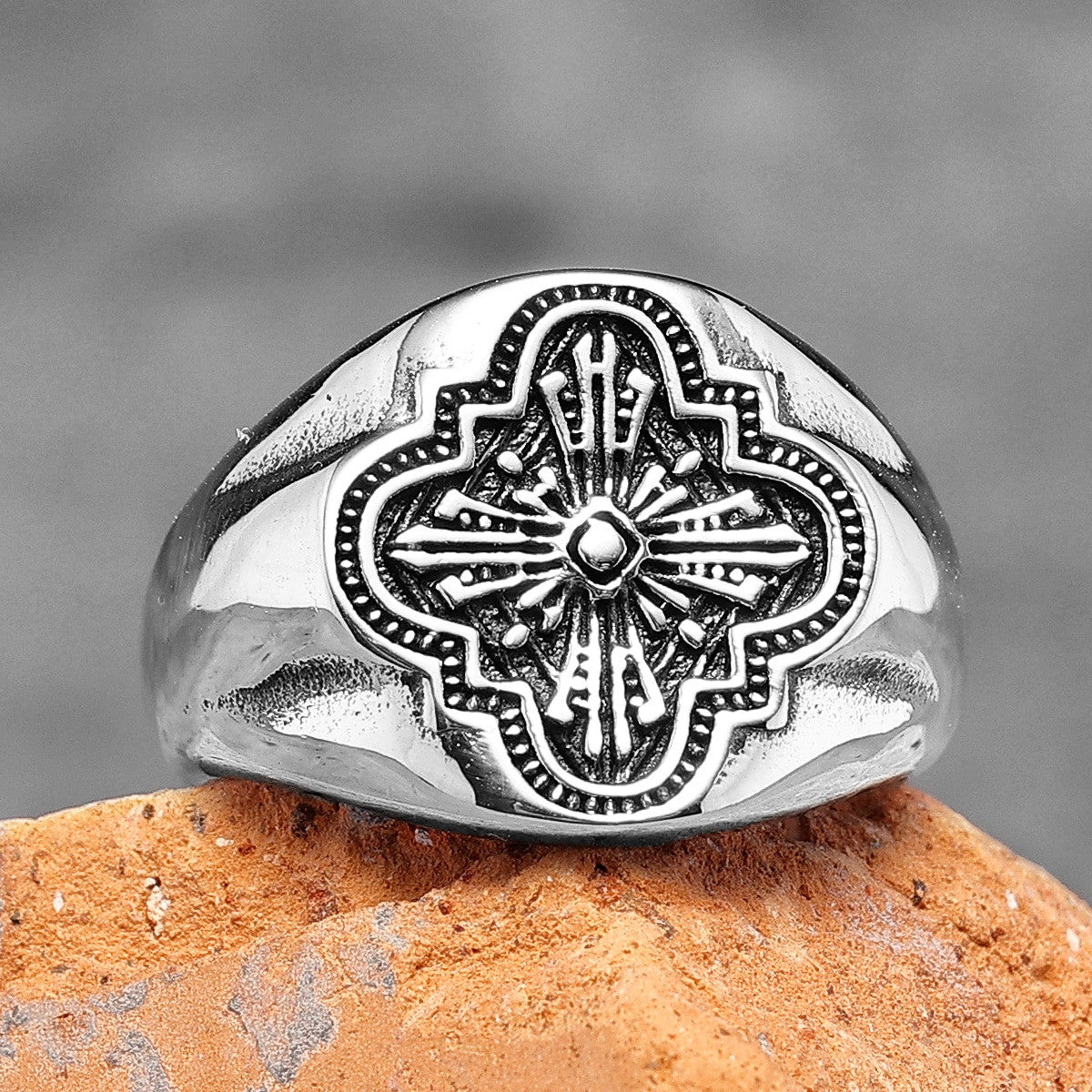 Mens No Fade Stainless Steel Catholic Church Window Grilles Spiritual Rings