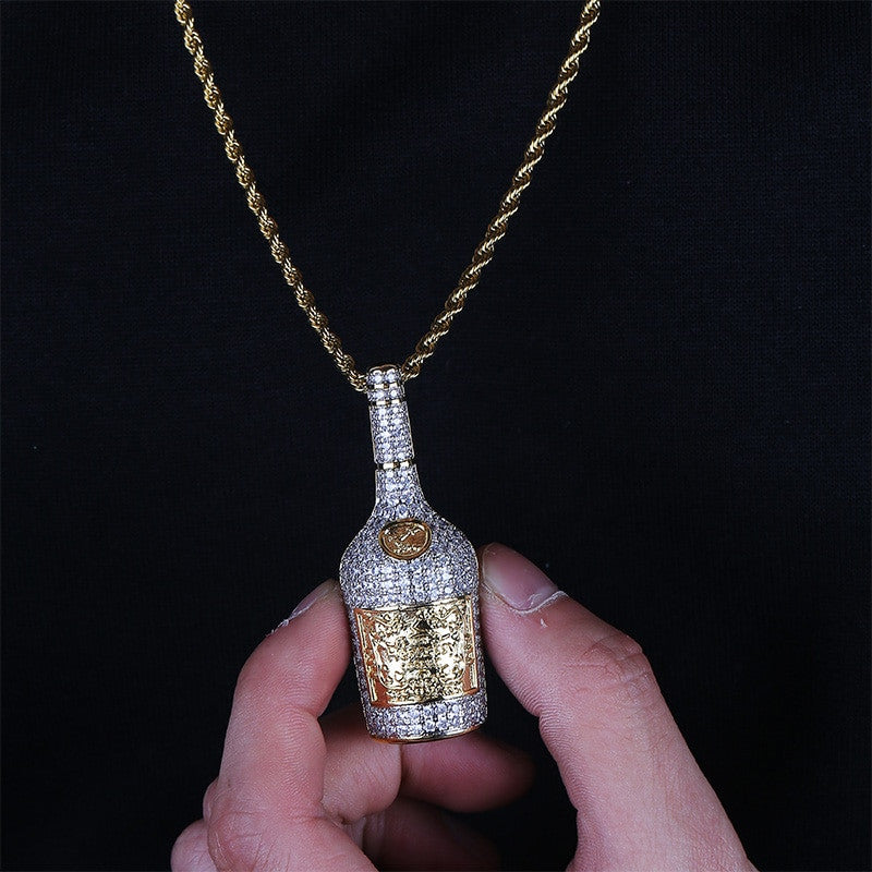Flooded Ice Gold Silver Bottle of Henn Dog Hip Hop Pendant Chain Necklace