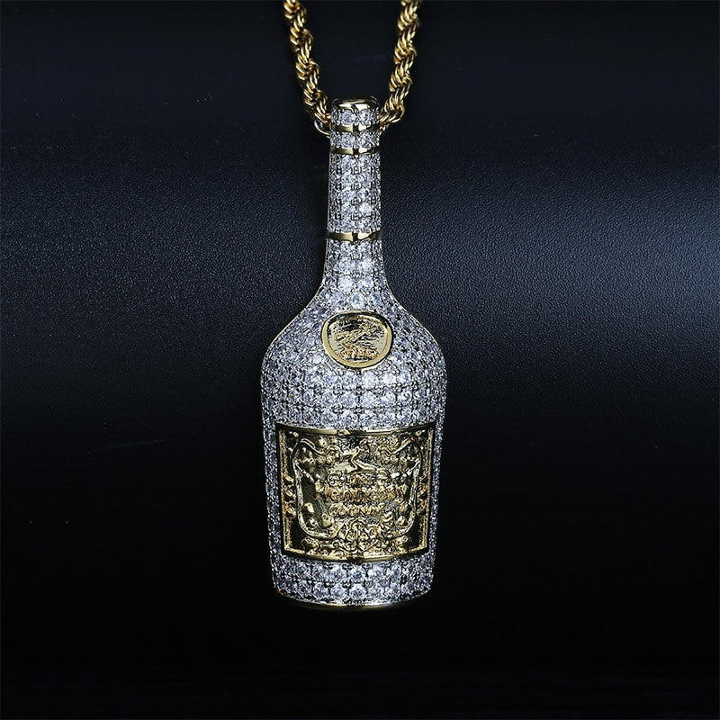 Flooded Ice Gold Silver Bottle of Henn Dog Hip Hop Pendant Chain Necklace
