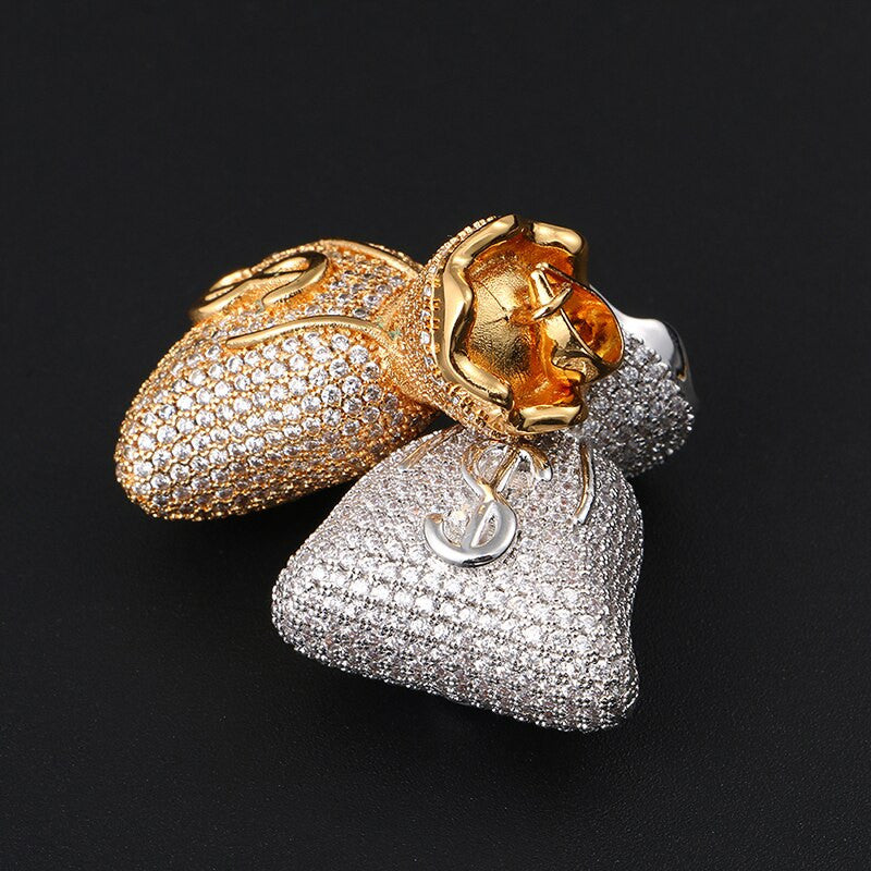 Mens Iced Blinged Out Prong Set Money Bag 18k Gold 925 Silver Hip Hop Pendant