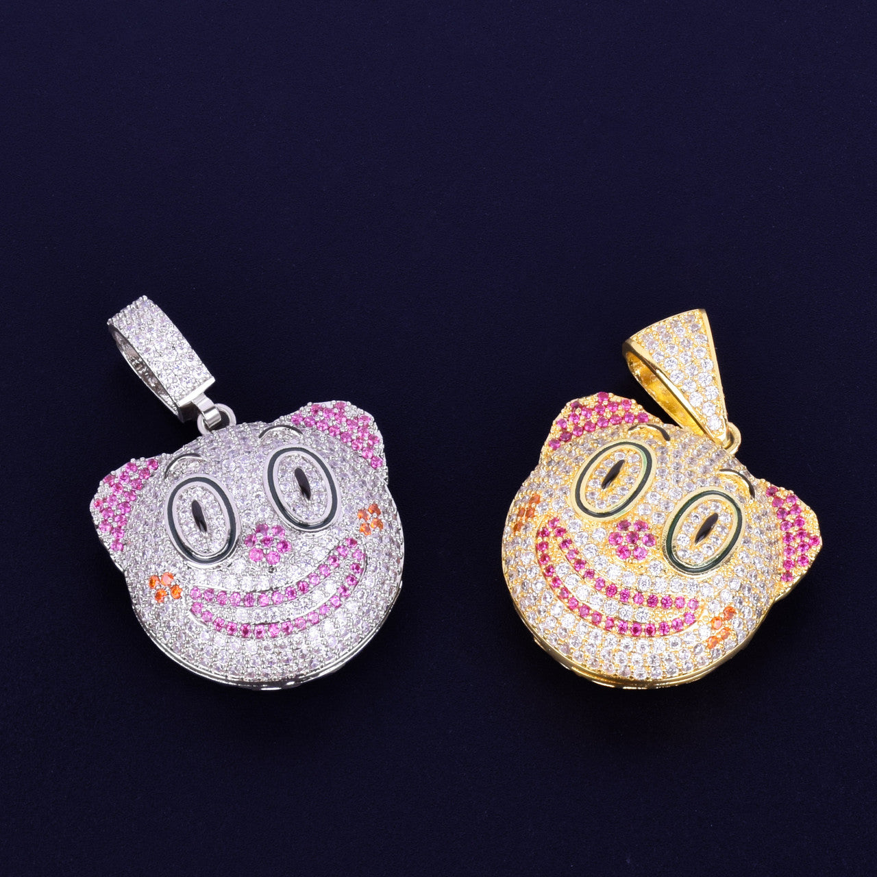 Hip Hop Clown Face Emoji AAA True Micro Pave 18k Gold .925 Silver Pendant Chain Necklace