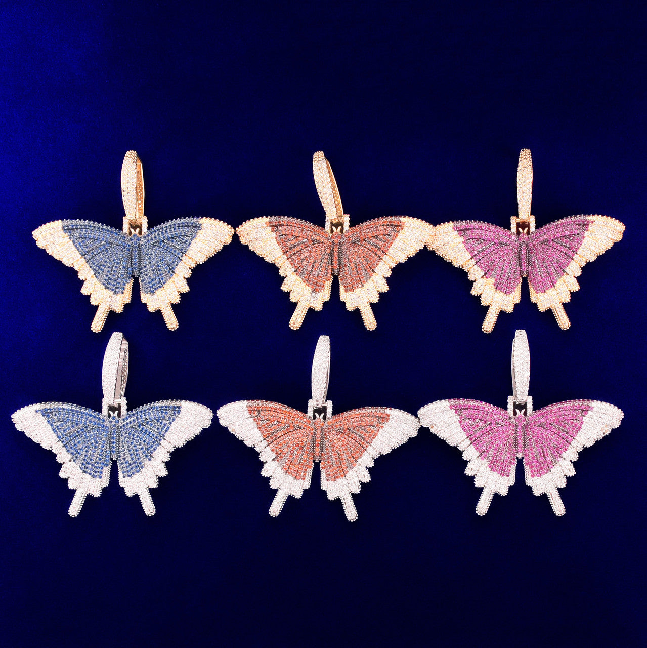 Double Stone 18k Gold 925 Silver AAA Micro Pave Butterfly Hip Hop Pendant Chain Necklace