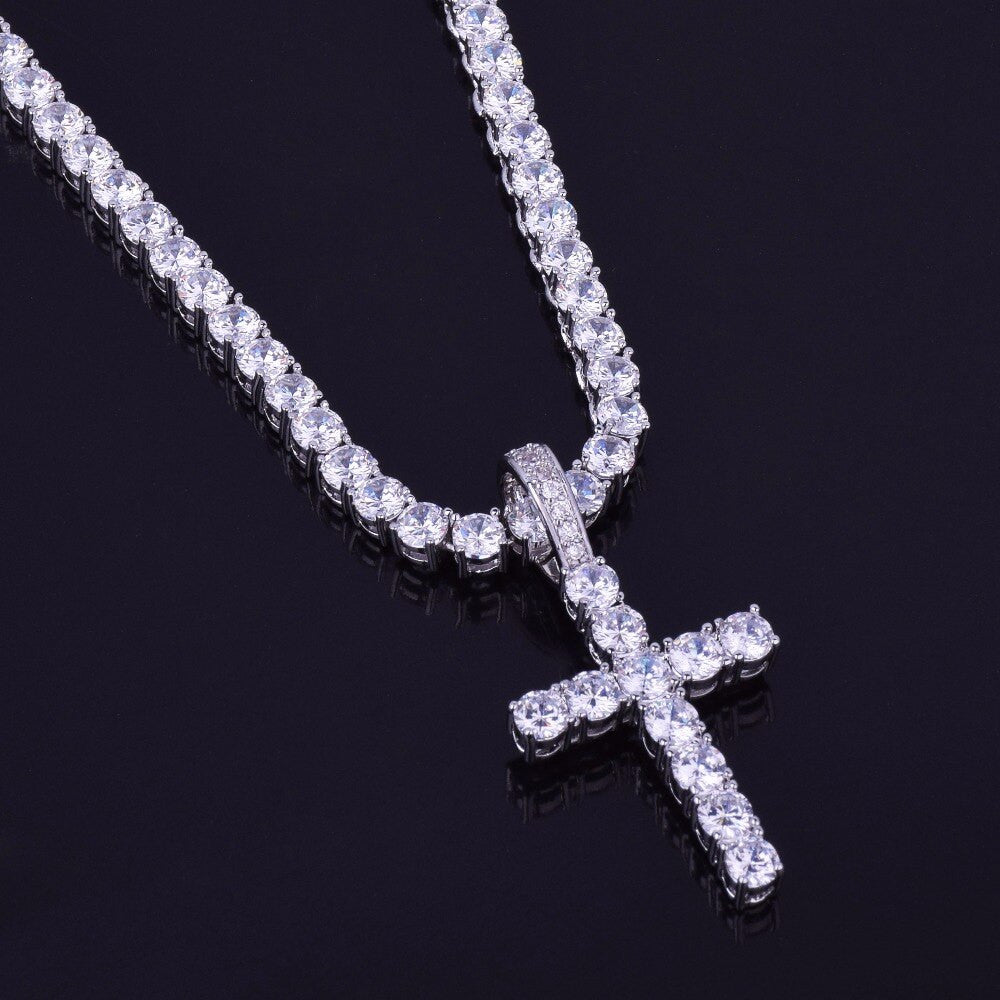 3mm Tennis Chain Flooded Ice 5A Stone Cross Pendant Chain Necklace