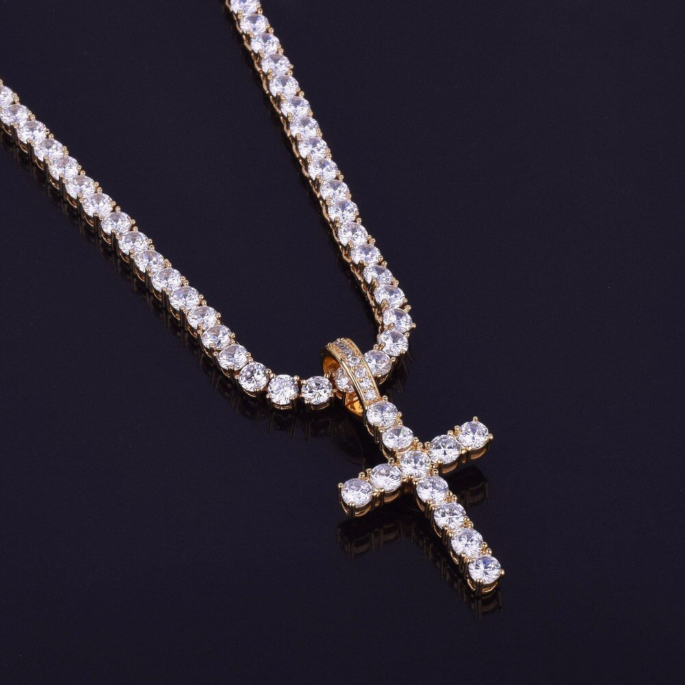 3mm Tennis Chain Flooded Ice 5A Stone Cross Pendant Chain Necklace