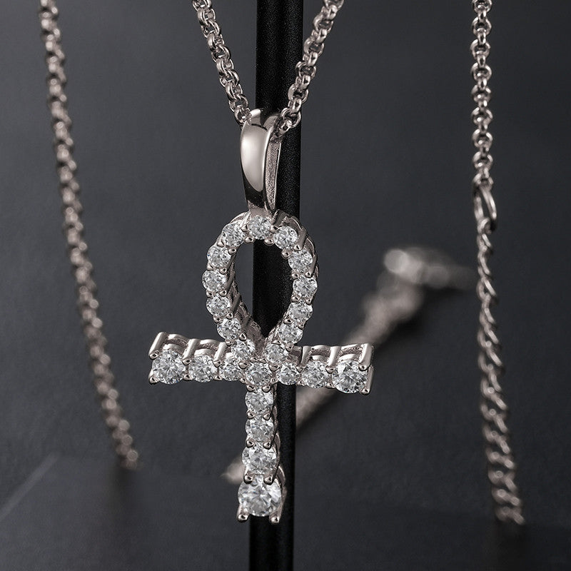 Genuine 100% Sterling Silver VVS1 Genuine Lab Diamond Ankh Cross Pendant Chain