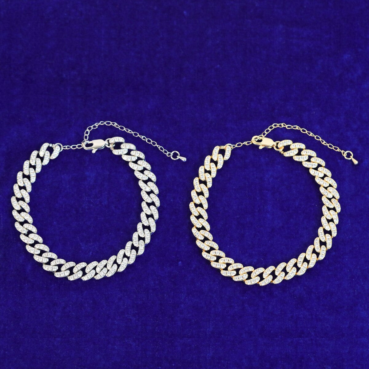 Ladies 24k Gold 925 Silver Cluster Stone Cuban Link Anklet Ankle Bracelet