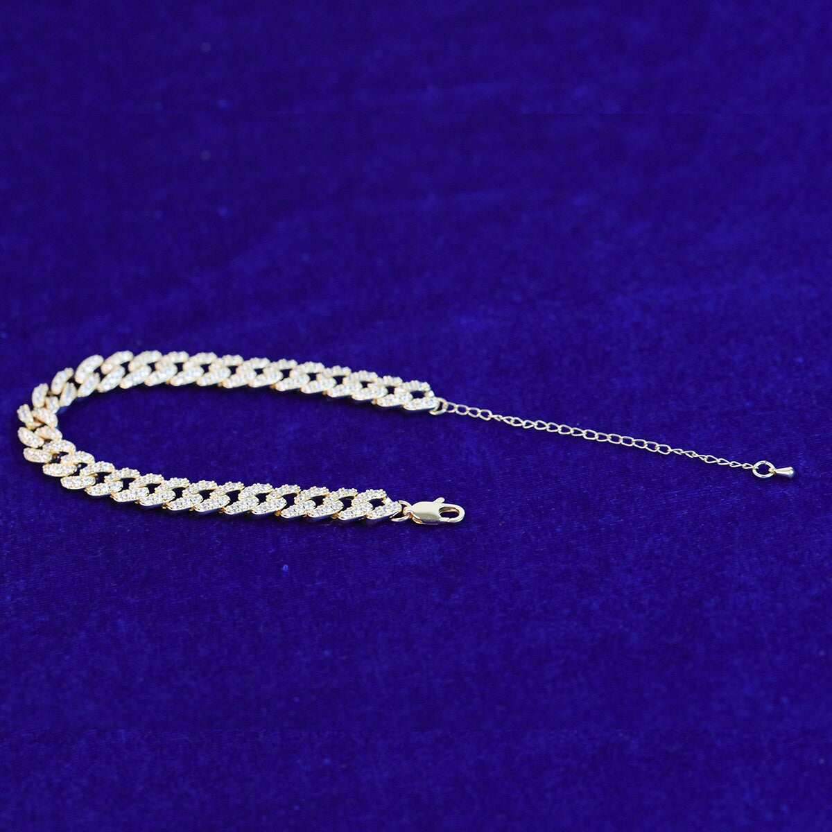 Ladies 24k Gold 925 Silver Cluster Stone Cuban Link Anklet Ankle Bracelet