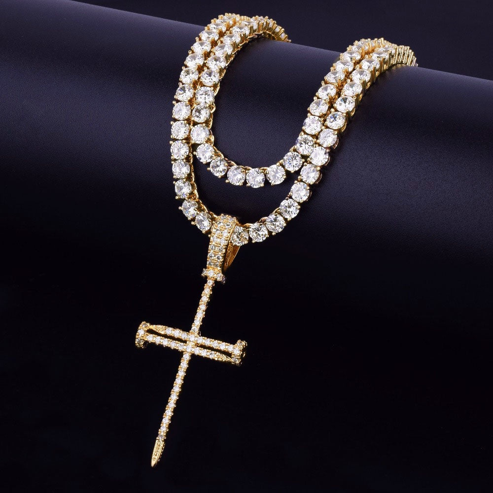 Jesus Nail 14k Gold Silver Micro Pave Cross Pendant With 4mm Tennis Chain Necklace