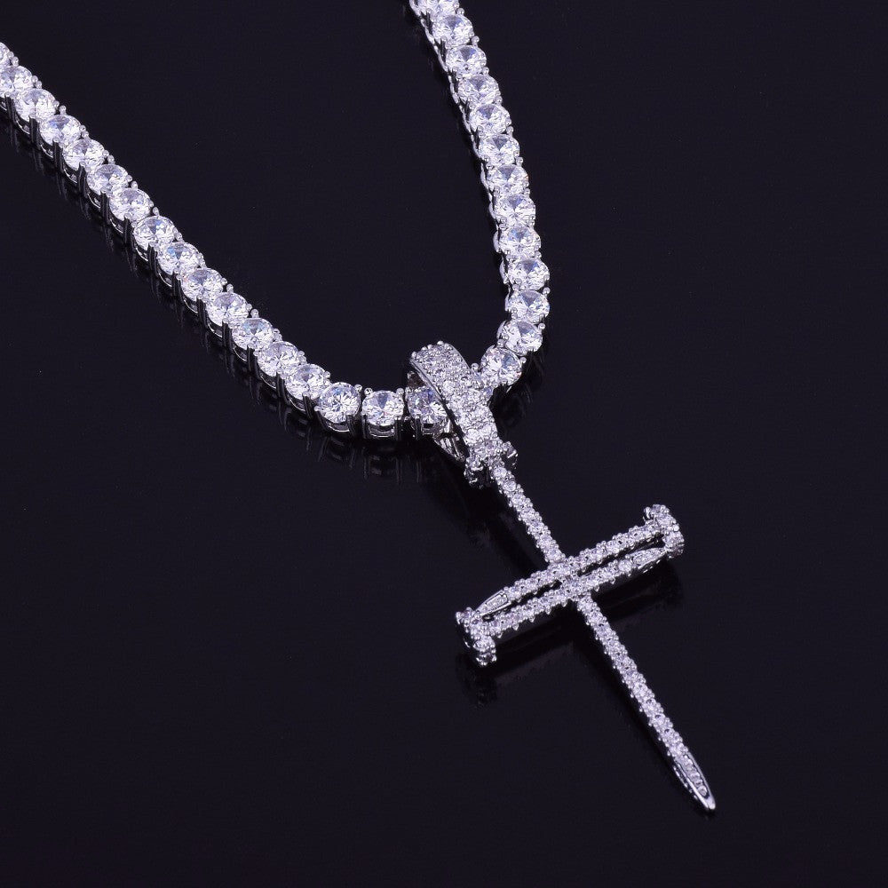 Jesus Nail 14k Gold Silver Micro Pave Cross Pendant With 4mm Tennis Chain Necklace