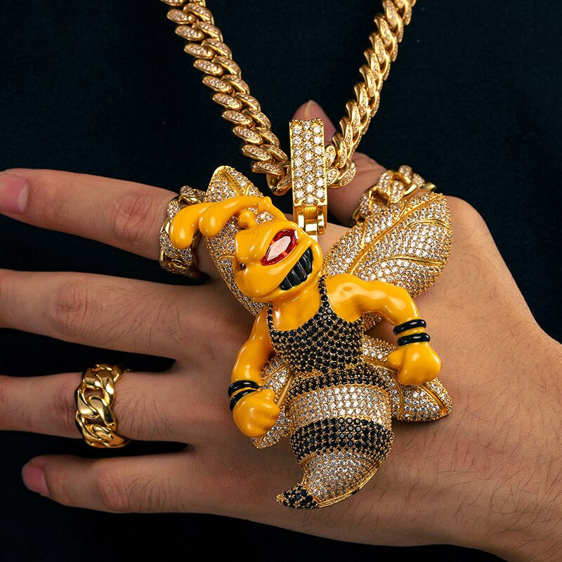 925 Solid Sterling Silver Killer The Bee Bee's Genuine Lab Diamond Hip Hop Chain Pendant