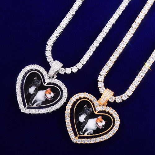 18k Silver Rose Gold Custom Made Rotating Double-Sided Rotating Heart Bling Necklace