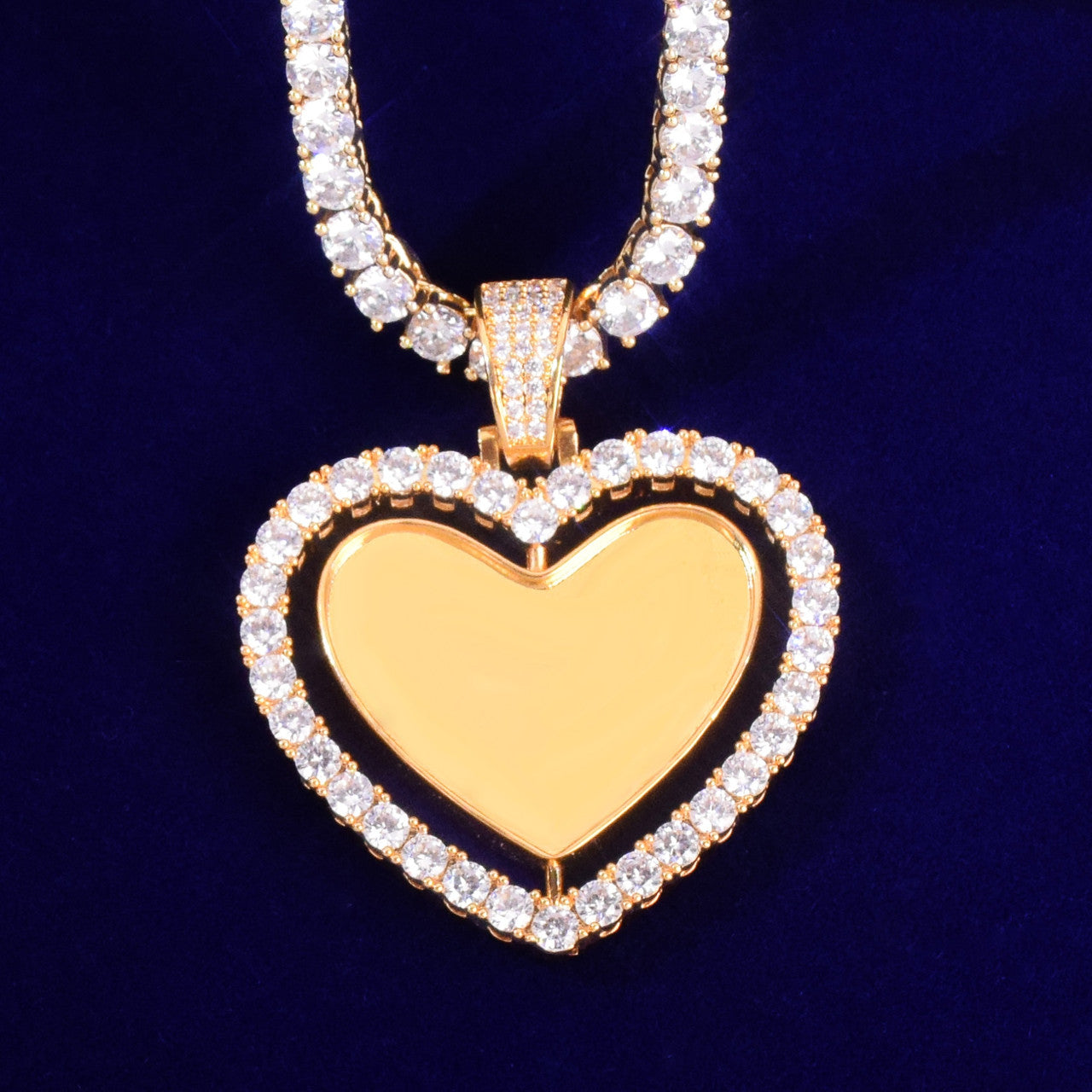 18k Silver Rose Gold Custom Made Rotating Double-Sided Rotating Heart Bling Necklace